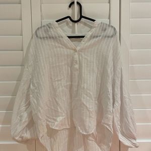 White Over-sized Sheer Striped Tunic With Puffy Sleeves